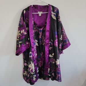 Sante Classics Womens Nightgown And Kimono Robe Size 1X Purple Satin Floral Slip